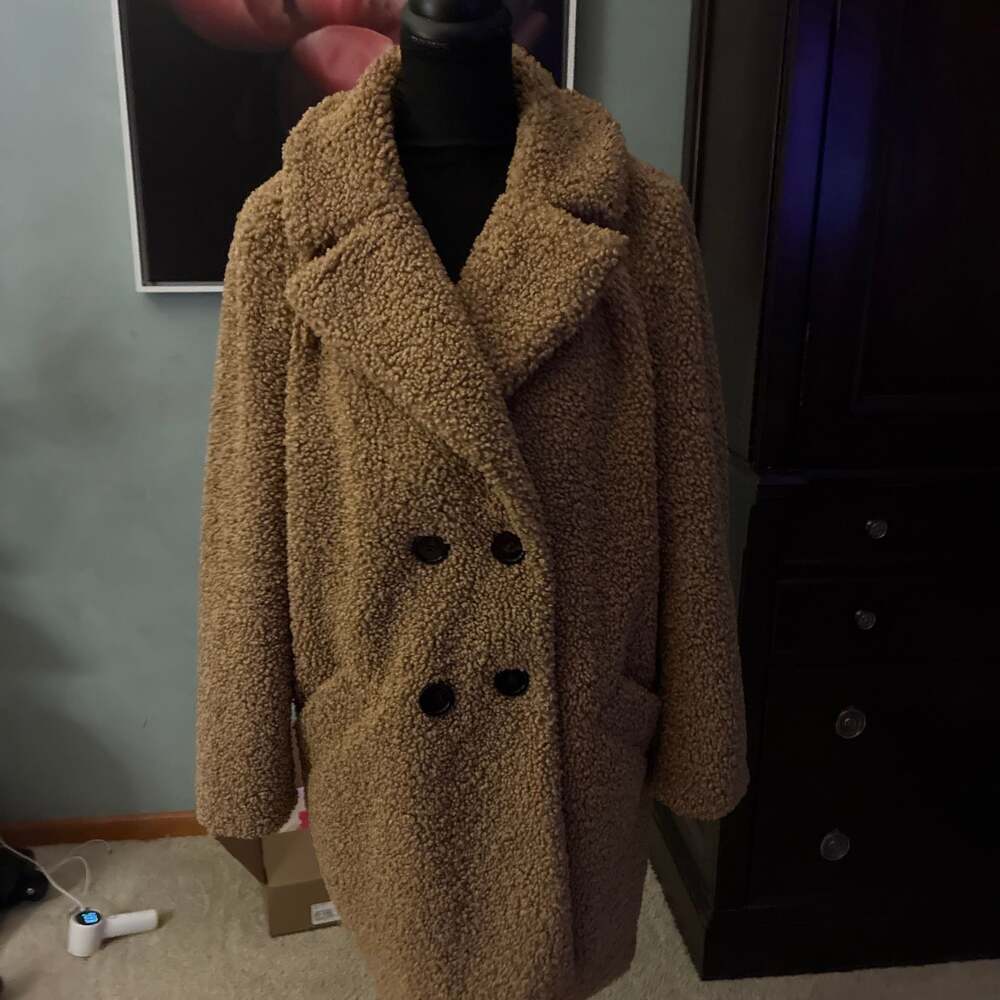 Zara Double-Breasted Oversized Teddy Borge Coat in Tan Camel Sz L A397